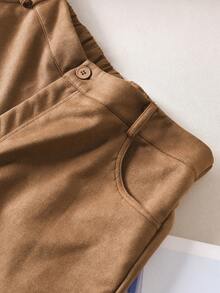 CosyJoli Plus Size Brown Mini Shorts Casual Wide Leg Woven Fabric Textured Pattern Zipper Detail - Brown - View 5