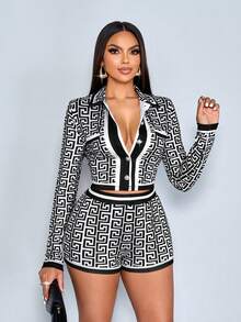 SOLERSUN 两件套女装秋冬图案印花撞色长袖短款开衫和短裤套装，感恩节女装冬季服装 - 黑色 - 查看 3