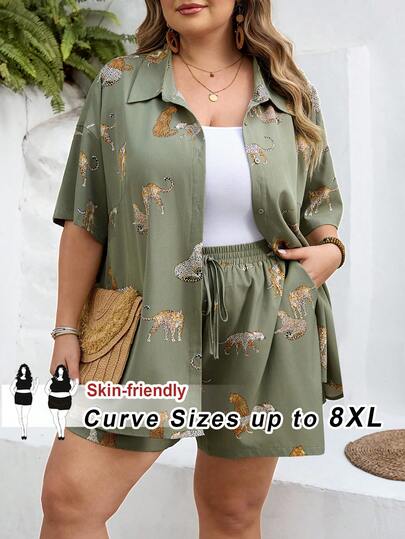 SHEIN CURVE+ Curve Size US22Music Festival, Seaside Vacation, Bohemia Women Loose Casual 2 Pieces Leopard Print Drop Shoulder Shirt & Shorts Set, Summer