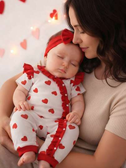 SHEIN Set de 2 piezas de pelele con volantes con estampado de corazón y diadema roja para bebé niño/niña unisex recién nacido/bebé/niño pequeño de 0 a 3T, adecuado para el Día de San Valentín, Año Nuevo, fiesta de cumpleaños, vacaciones, 1er cumpleaños, sesión de fotos