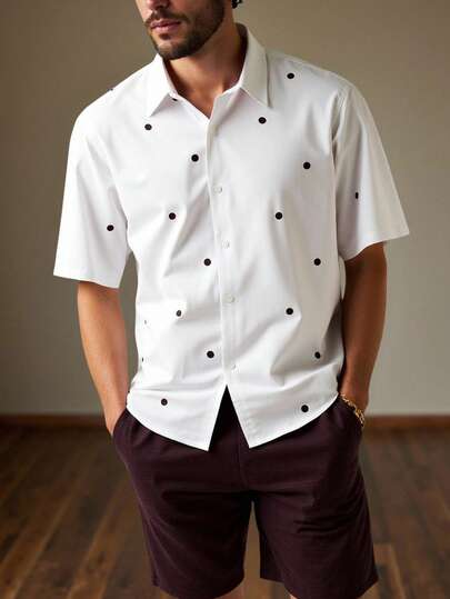 HIMLAND Men's Casual Polka Dot Print Shirt And Shorts Set Men's Short Sleeve Single-Breasted Shirt And Shorts Casual Suit Multi-Piece Set  Daily Essential Wardrobe Staple Basic Style All-Match Style Go-To Piece Mix-And-Match Item Casual Versatile Style Daily Essential Wardrobe Staple Basic Style All-Match Style Go-To Piece Mix-And-Match Item Casual Versatile Style  Summer Wardrobe Essentials Casual Outfit Ideas Laid-Back Look Tape Design For Husband Boyfriend Gift Simple Fashion Commuting