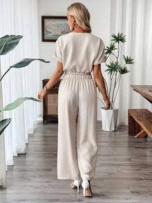 EMERY ROSE 夏季优雅新款纯色圆领V领宽松落肩短袖女式短袖衬衫+阔腿裤女士休闲套装，适合通勤女士两件套 - 杏色 - 查看 2