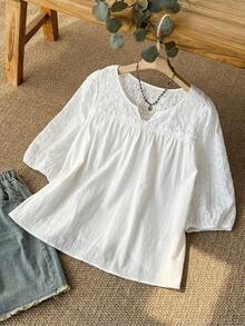 Rusticease Plus Size Women's Summer Boho White Blouse,100% Cotton Eyelet Embroidered Notched Collar Loose Fit Top,Casual Vacation Holiday Daily Wear - White - View 7