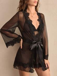 Charlaine 两件套黑色蕾丝拼接深V收腰连衣裙+睡袍，优雅精致浪漫法式睡衣套装 - 黑色 - 查看 6