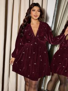 Elaquor Plus Size Burgundy Knitted Velvet V Neck Short Party Dress For Women With Bishop Long Sleeves And Random Print Details - Burgundy - View 1
