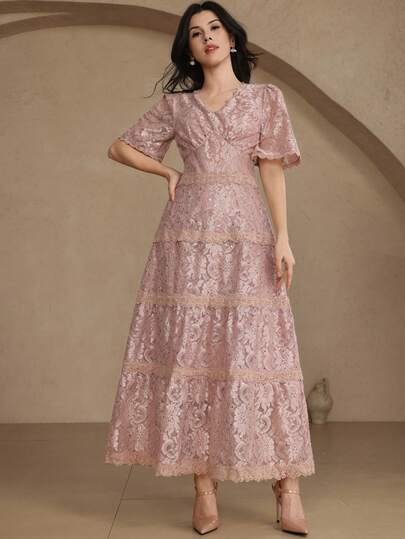Women's Elegant Lace V-Neck Puff Sleeve Long Dress, Summer Wedding Guest Dress Sundress