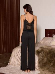 SHEIN 成熟性感蕾丝吊带背心和露背蕾丝边阔腿裤女士睡衣套装 - 黑色 - 查看 3
