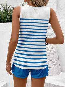 SHEIN LUNE Bộ áo vest và quần short kẻ sọc màu xanh Địa Trung Hải, thích hợp cho mùa hè. - Nhiều màu - Xem 2
