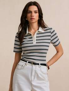 女士条纹 Polo 领短袖休闲百搭 T 恤 - 黑色 - 查看 5