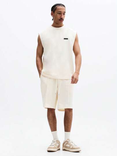 SUMWON Cream Sleeveless Tank Top And Drawstring Shorts Two Piece Set Summer Casual Loungewear Matching Outfit Crew Neck