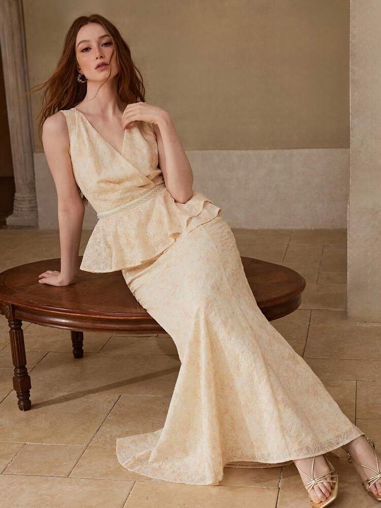 WOMEN'S ELEGANT ROMANTIC PEPLUM WAIST MAXI MERMAID DRESS, SPRING/SUMMER