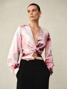 MOTF PREMIUM WOMEN'S V-NECK RUCHED LANTERN SLEEVE PRINTED LONG SLEEVE TOP, SPRING/SUMMER - Pink - View 3