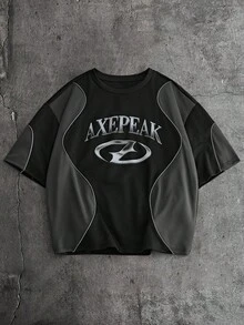 AXEPEAK 男士字母印花撞色圆领短袖T恤和抽绳腰短裤休闲套装 - 黑色 - 查看 9