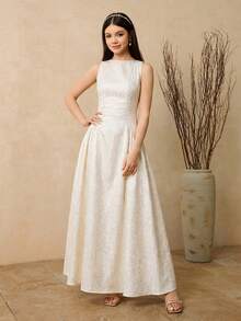 SHEIN 优雅提花面料无袖拉链连衣裙，适合少女日常穿着及各种场合，春夏款。 - 米色 - 查看 1