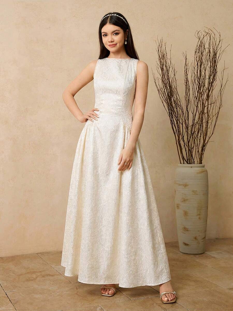 SHEIN 优雅提花面料无袖拉链连衣裙，适合少女日常穿着及各种场合，春夏款。 - 米色 - 查看 1