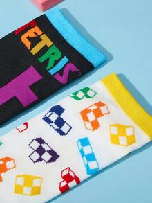 Tetris™ X SHEIN 2Pairs Soft & Breathable Moisture-Wicking Casual Ankle Socks Fashionable & Cute White & Black Short Socks Reinforced Toe & Heel For Durabiliy Unisex For Men & Women All Season All-Match Summer Winter,Graphics Socks - Multicolor - View 3