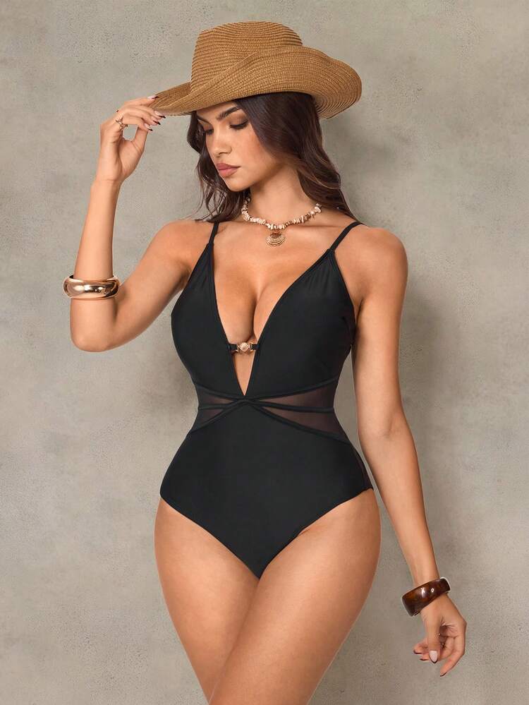 Shapewave 26SS Tummy Control Mesh Patchwork Criss-Cross One-Piece Swimsuit, Sexy Beach Vacation,2026 New Women's Swimwear ArrivalFor School,Suitable For Holiday, Date, Afternoon Tea, Western, Cruise, Beach, Island, Road Trip, All Seasons, Music Festival, Boho Vacation,Bohemian Vacation, Chill Autumn ,Western Boho ,Elegant Tops For Women Black One Piece Swimsuit Sexy One Piece Swimsuit Women One Piece Cut Out Swimsuit Tummy Control Swimsuit Black Bathing Suit Women One Piece Bathing Suit Tummy Control Cut Out One Piece Swimsuit - Black - View 5