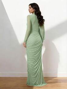 Firerie Women's Elegant Casual Party Cocktail Wedding Guest Dress, Green Mesh Stand Collar Long Sleeve Irregular Ruffle Design Fitted Dress, Spring New Ladies Dress - Green - View 4