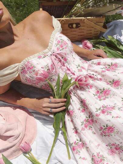 SHEIN MOD Vintage Floral Print Dreamy Romantic Glamorous Dress With Corset Panels, Ruffle Trim, Bow Accent, And Crisscross Tie – Perfect For Dates, Parties, Holidays, Tea Parties, And Birthdays Summer Dresses For Women Floral Sundress Picnic Dresses Pink Floral Maxi Dress Pink Flower Dress, Valentine Outfits For Women