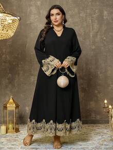 EMERY ROSE 大码V领休闲派对连衣裙，舒适、优雅、精致时尚设计 - 黑色 - 查看 5