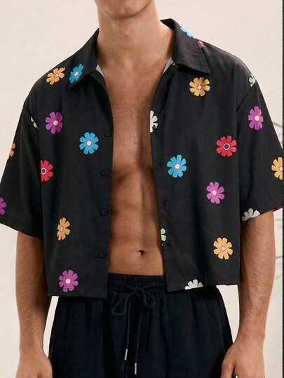 HIMLAND Men's Casual Woven Pocket Letter Embroidered Loose Short Sleeve Shirt Daily Essential Wardrobe Staple Basic Style All-Match Style Go-To Piece Mix-And-Match Item Casual Versatile Style  Premium Textured Fabric Flower Shirt Men S Crop Button Up Black Floral Shirt Floral Button Up Shirt For Men Y2k Button Up