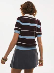 Poéselle 女士复古条纹针织Polo衫，短袖翻领学院风Tenniscore条纹针织Polo衫，学院风，Tenniscore，复古条纹上衣，短袖针织衫，翻领毛衣，Y2K Polo衫，学院风针织休闲撞色条纹图案短袖针织衫，夏季上衣，春季假期休闲装 - 咖啡棕 - 查看 9