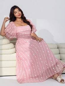 Solflare 加大码粉色碎花短袖方领连衣裙 - 彩色 - 查看 5