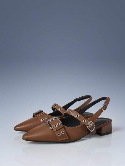 CUCCOO GRLICON Women's Buckle Studded Decor Chunky Heel Pumps