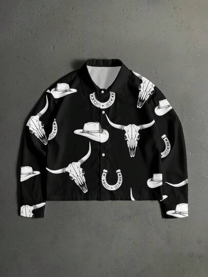 StoneGrade Vintage American Western Cowboy Bull Skull Horseshoe Print Casual Loose Fit Long Sleeve Shirt, Fashion Must-Have For Dates, Parties, Gifts For Boyfriend