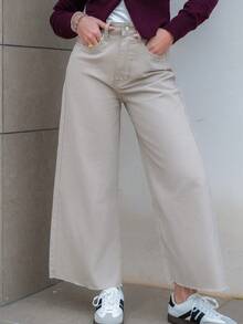 Hitanina Casual Minimalist Solid Color Wide Leg Jeans - Grey - View 3