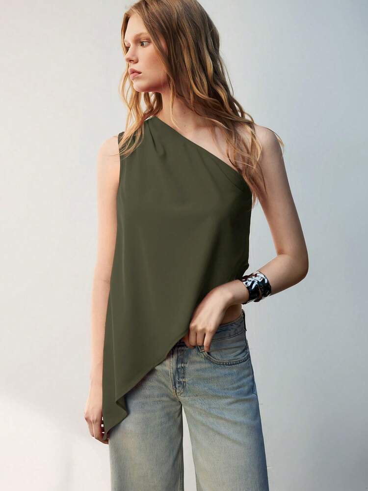 SHEIN Maija Women's Summer Asymmetric Ruched Sleeveless Casual Top, Solid Color Office Wear St Patrick's Day Women Easter Summer Party Top Beach Summer Holiday Each Vacation For Women Summer For Women Going Out Graduation Casual Top For Women