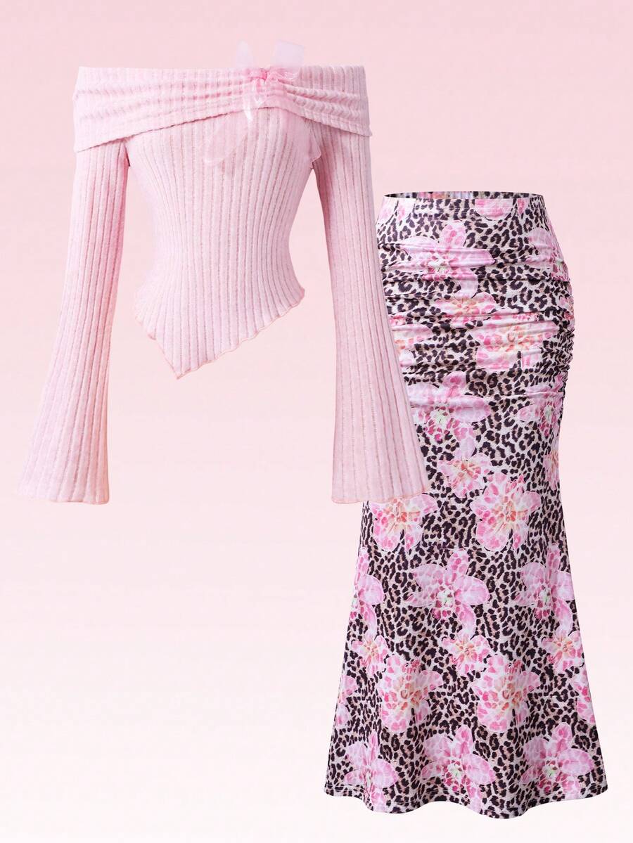 Sparklyn 两件套少女罗纹露肩荷叶边蝴蝶结装饰不对称下摆长袖修身可爱T恤和女士休闲假日印花长裙套装，粉色，适合派对、返校、优雅法式、公主风、婚礼、生日等场合。 - 珊瑚粉 - 查看 1