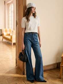 BizChic 新款春夏圆领菱形镂空图案防起球丝滑针织女式上衣，休闲百搭日常穿着 - 白色 - 查看 3