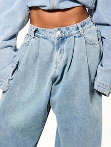 SUMWON WOMEN 宽松桶形翻边褶裥格纹下摆高腰阔腿牛仔裤，复古水洗效果 - 藍色 - 查看 3