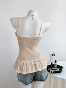 Elamini 女士休闲吊带背心，饰有荷叶边和前褶 - 杏色 - 查看 2