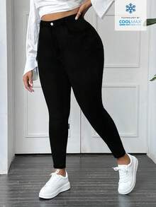 Slaydiva Plus Size Solid Color Slim Fit Casual High Waist Versatile Daily Jeans - Black - View 1
