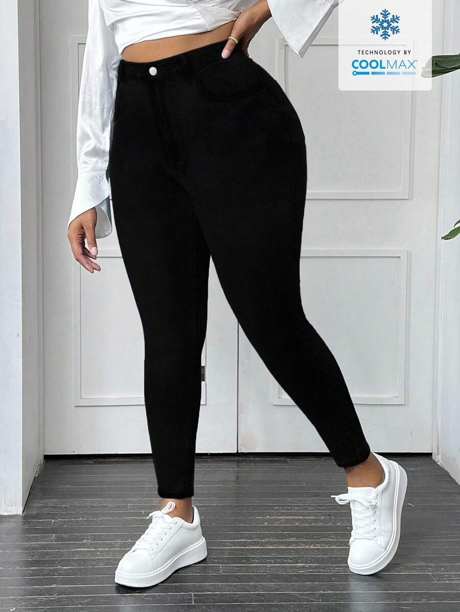 Slaydiva Plus Size Solid Color Slim Fit Casual High Waist Versatile Daily Jeans - Black - View 1