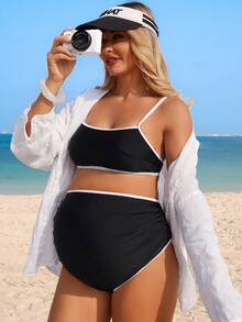 SHEIN Maternity Colorblock Fashionable Casual Bikini Set - Black - View 4