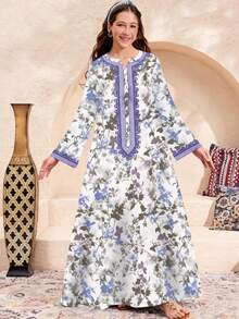 Rochie casual cu mânecă lungă, lejeră, cu imprimeu floral, pentru fete adolescente - Multicolor - Vizualizare 1