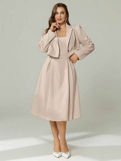 Auralis Plus Size 2-Piece Set: Solid Color Single-Breasted Long Sleeve Blazer And Sleeveless Pleated Waist-Cinching Dress, Elegant Suit Set In Apricot Textured Fabric, Suitable For Fall/Winter/Suit Vest & Long Dress / Plus Size Two-Piece Set With Belt / Textured Apricot Suit Set Spring Outfit For Women, Spring Suit Set For Women/Khaki Textured Suit Set / Short Jacket / Vest With Belted Pleated Midi Skirt