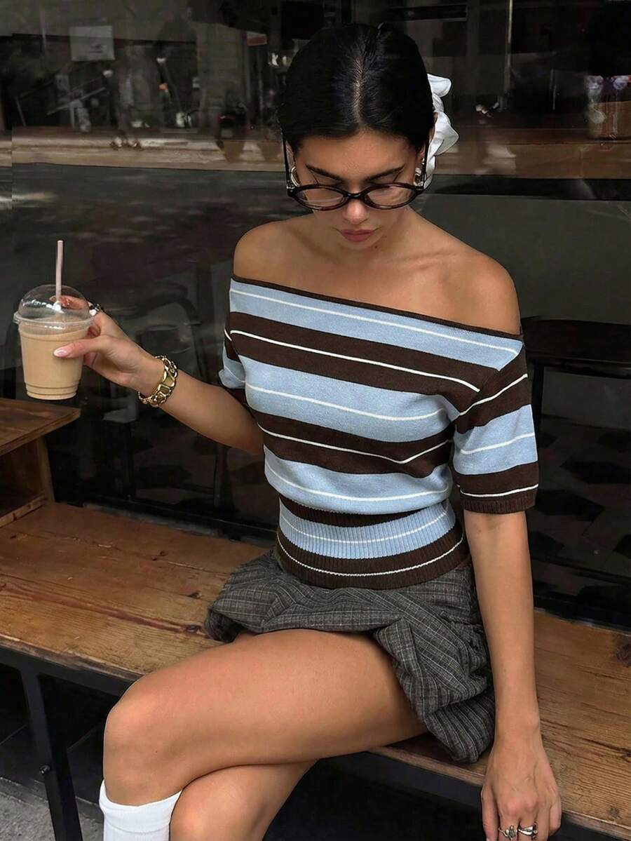 Aloruh Women's Spring New Contrast Color Striped Brown And Blue Short Sleeve Loose Top Tight Bottom Sweater,Going Out Top - Multicolor - View 1