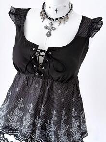 Sunspun Plus Size Women Polka Dot Floral Print Chiffon Criss-Cross Tie Strap Flutter Sleeve A-Line Blouse - Black and White - View 5