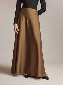 BizChic 2026春夏新款咖啡棕色不对称腰身缎面A字中长裙，百搭设计，适合办公室、通勤、商务、社交场合，Y2K风格 - 咖啡棕 - 查看 2