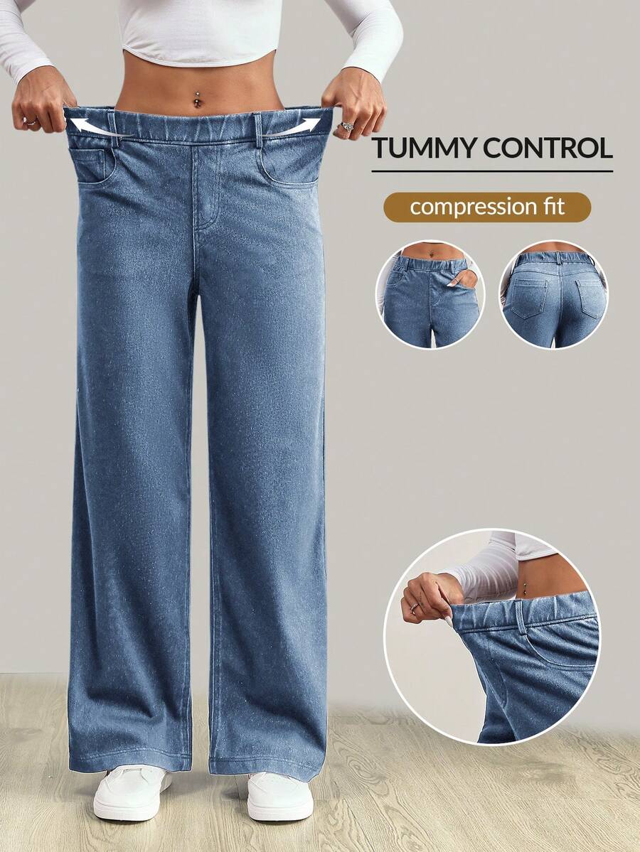 SHEIN FlexDen Quần jeans nữ cạp chun co giãn có túi, kiểu dáng đơn giản, thời trang, đa năng. - Xám - Xem 1