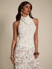 SHEIN BAE Women's Beaded Lace Turtleneck Backless Sexy Halter Top,New Spring/Summer Arrival: White Lace Top. Perfect For Beach Vacations, Beach Trips, Beach Parties, Dates, Nightclubs, Picnics, Parties, Music Festivals, Brunch, And Other Occasions. - White - View 4