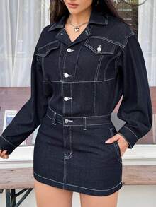 Rivivi 女士休闲通勤撞色缝线落肩宽松腰身修身牛仔连衣裙 - 藍色 - 查看 5