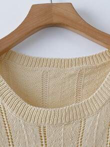 SHEIN Franclia Jersey de punto de cuello redondo de manga larga color albaricoque para mujer, capa fina y ajustada con calado, parte superior ligera para principios de otoño - Albaricoque - Ver 3