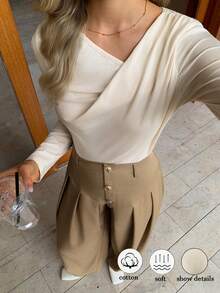 Elyressa Women's Solid Color Asymmetrical Neckline Long Sleeve Casual Minimalist Fashion T-Shirt - Apricot - View 1