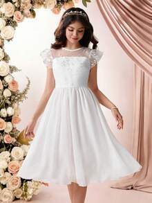 Pitira Teenager Mädchen Weißes einfarbiges Kleid mit Rüschenärmeln, gerüschtem Saum, Stickerei und transparenten Einsätzen, eleganter ausgestellter A-Linie Schnitt, geeignet als Blumenmädchenkleid, für Abschlussfeiern, Partys, Frühling/Sommer, langes Abendkleid - Weiss - Übersicht 4
