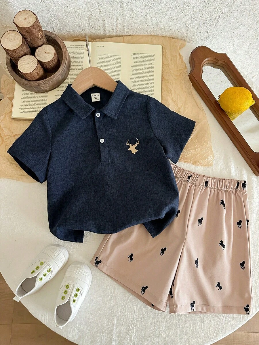 SHEIN LMoss Kids 2件套儿童/男童休闲日常百搭舒适时尚衬衫Polo衫和卡其裤套装,适合春夏季节日常穿着、运动、郊游、上学、聚会、度假、演出和拍照等场合。 - 彩色 - 查看 1